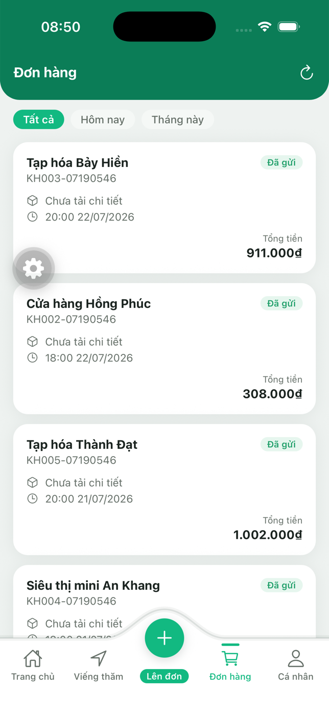 Danh sách đơn hàng trên app